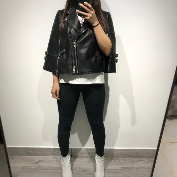 

women's leather & faux ladies real sheep shawl women genuine jacket, Black