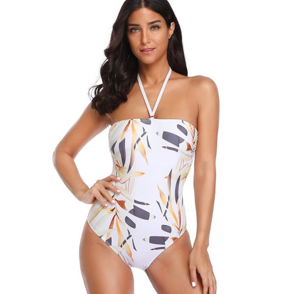 

women halter bamboo leaf flower one piece swimsuit bathing suit one-piece suits