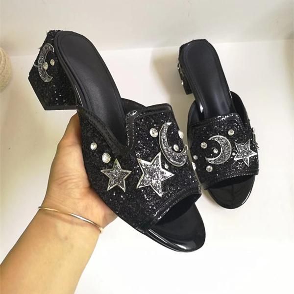 

slippers open toe woman slides bling sequined cloth women shoes brand designer slipper summer beach outdoor star sandalias mujer, Black