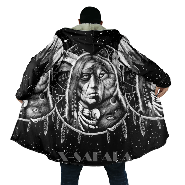 

men's wool & blends native wolf animal feather all over 3d printed thick warm hooded cloak for men windproof fleece casual-41, Black