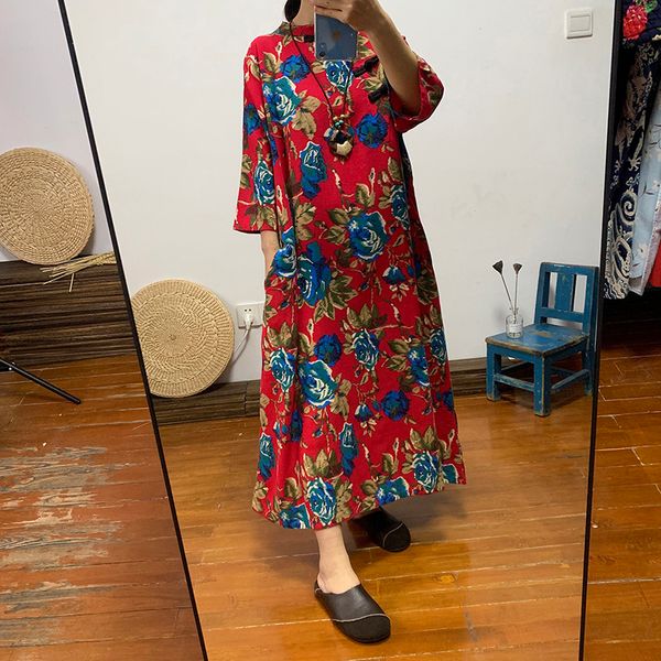 

ethnic womens long cotton and linen large color loose size dress chinese retro diagonal buckle tea clothing autumn, Black;gray