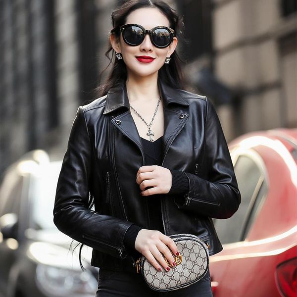 

women's leather & faux ptslan 2021 genuine jackets motorcycle lady's original lambskin p5197, Black