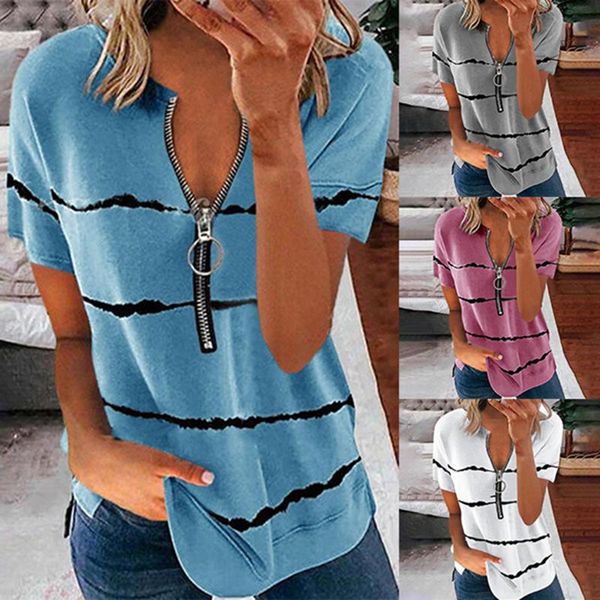 

women's t-shirt harajuku t shirt women clothing striped stitching zipper short sleeve pullover tshirt camisetas de mujer, White