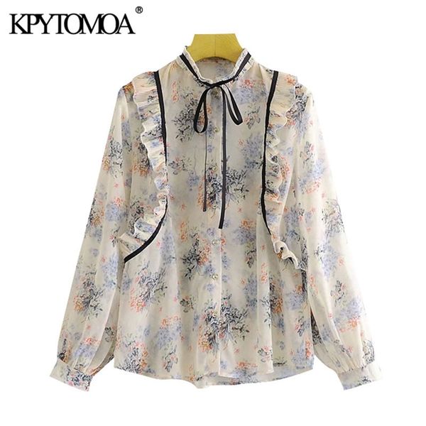 

women fashion with ruffle trims print chiffon blouses vintage long sleeve button-up female shirts chic 210420, White