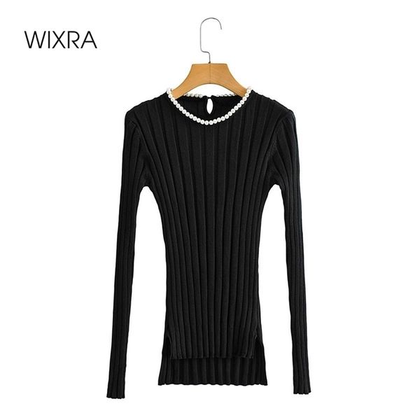 

wixra womens sweaters new fashion o neck autumn winter pearl pullovers korean style femme slim fit jumpers 210419, White;black