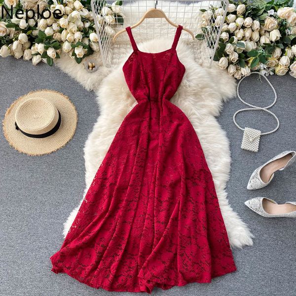 

neploe maxi dress fashion summer backless high waist sleeveless a-line strap robe female lace vintage party dresses 210422, Black;gray