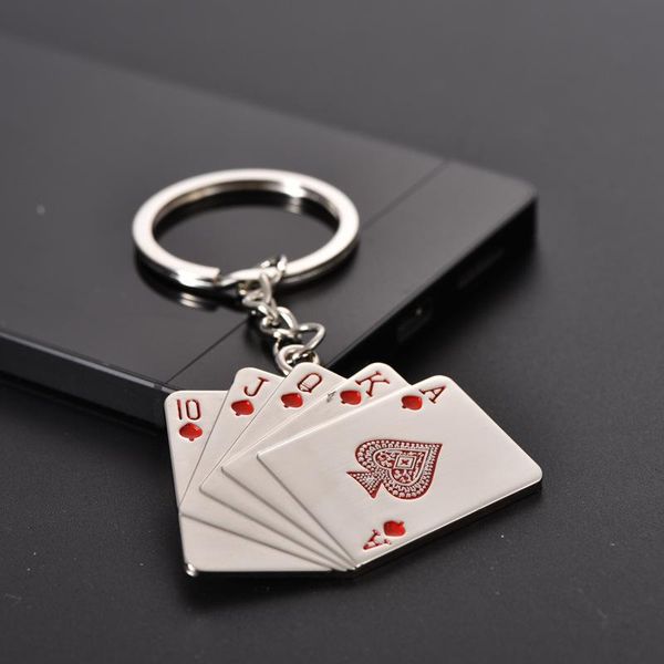 

keychains 1pc fashion good luck straight flush playing cards keychain key rings pendant accessories alloy buckle holders, Silver