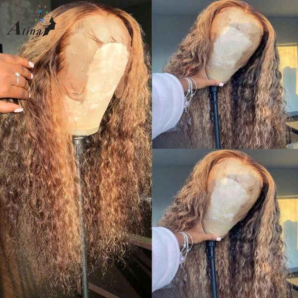 

curly preplucked 13x4 lace front human hair wigs hd transparent frontal water wave wig ombre honey blonde colored highlight remy, Black;brown