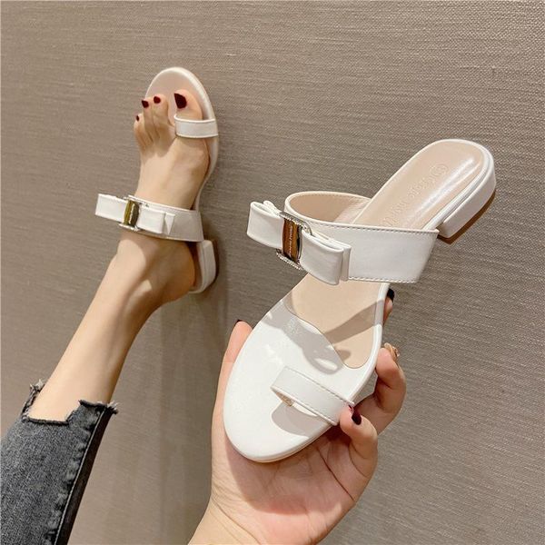 

sandals woman summer flat web celebrity fairy korean edition girl bow slips simple one word belt beach shoes, Black
