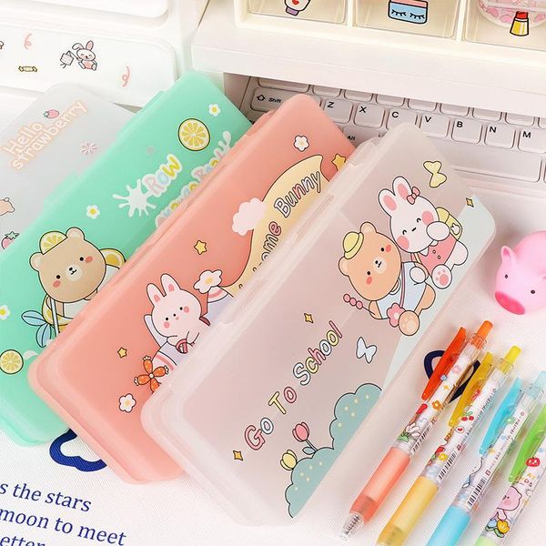 

pencil cases kawaii box double-layer plastic stationery storage waterproof dustproof school supplies pen case