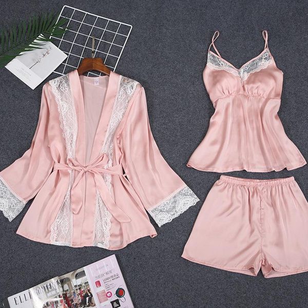 

lace lady faux silk robe set sling nightgown sleepshirt pajamas suit kimono bath shorts loose lounge summer home dress women's sleepwea, Black;red