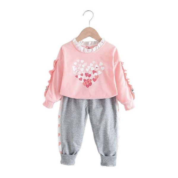 

children's suit spring and autumn baby girl boy fashion vertical collar heart-shaped printing long-sleeved clothing sets, White