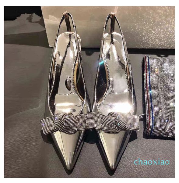

2022 new summer silver rhinestone pointed stiletto heels fairy wind bow baotou butterfly-knot pumps sandals, Black