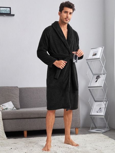 

men raglan sleeve belted teddy lounge robe v5gv#, Black;brown