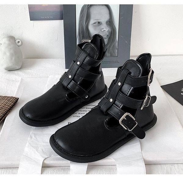 

boots women british style ankle square toe punk motorcycles buckle pu leather shoes, Black