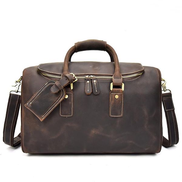 

duffel bags genuine leather men travel zipper around thick cow bag vintage real weekend brown luggage case