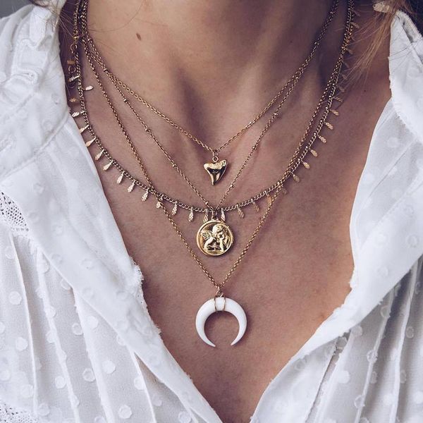 

pendant necklaces bohemian multilayer angel crescent necklace for woman fashion charm chain choker jewelry wholesale, Silver