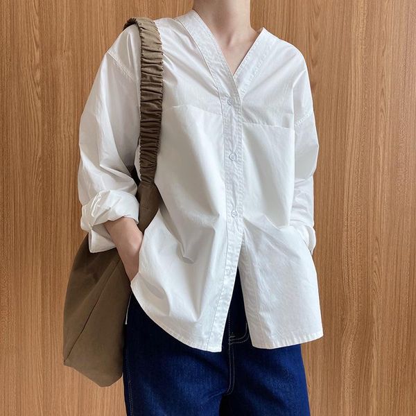 

autumn women cotton white shirt elegance oversize big pockets v-neck blouse office lady long sleeve korean style t09302z women's blous
