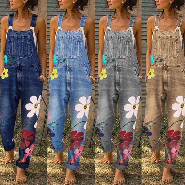 

women's jeans rompers womens jumpsuit stylish flower strap overall women vintage girl denim bib pants streetwear floral macacao feminin, Blue
