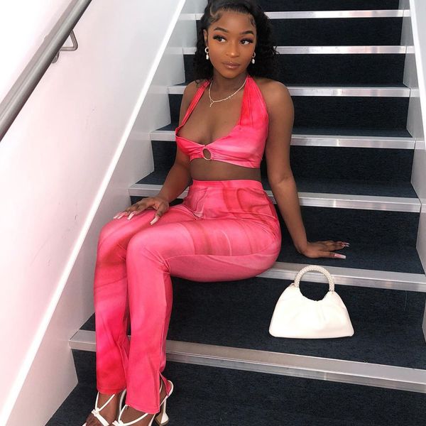 

tie dye print women two piece set halter crop lace up slit leggings bodycon tracksuit outfit 2021 summer clothes, Black;gray