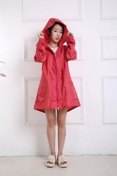 

lovely spotted knee-length long raincoat woman mujer dress waterproof rain poncho rainwear jj-syyy21 gear, Red;brown