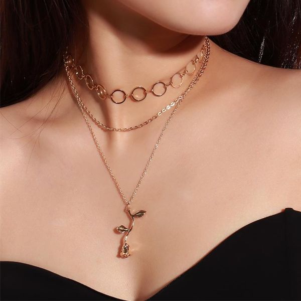 

chokers moon over circles short gold necklace rose three-layer choker fashion woman pendants elegant collar jewelry, Golden;silver