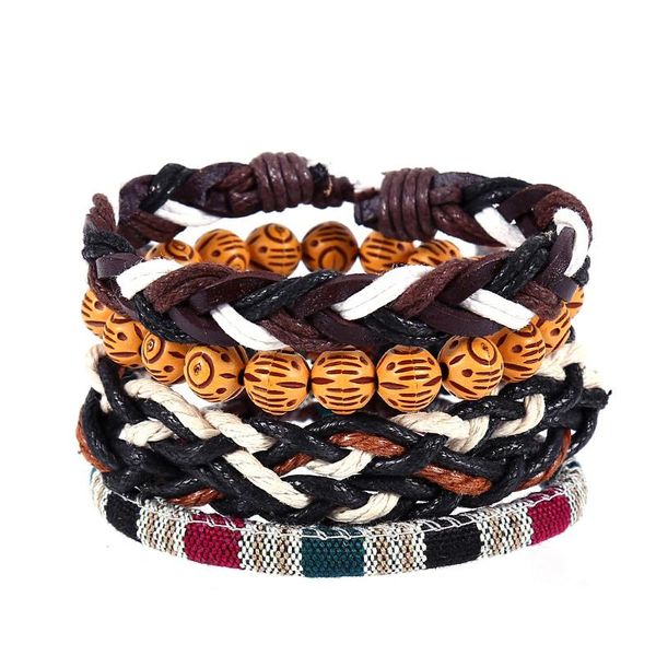 

charm bracelets 4pcs/set hippie punk black brown leather beige cord knots layers tibetan pattern fabric beads wrap wide bracelet bangle for, Golden;silver