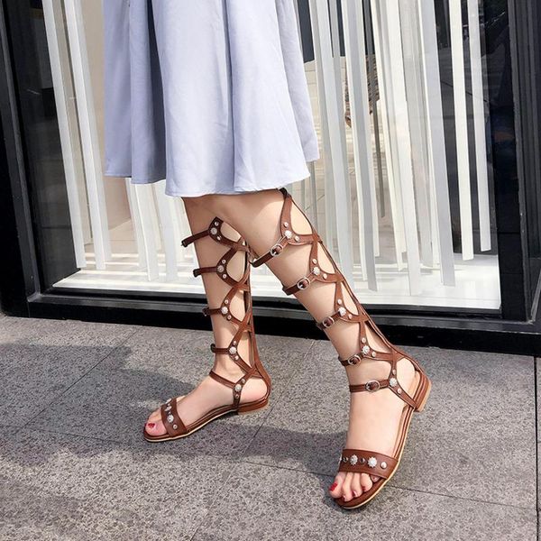 

sandals 2021 summer buckle roman boot flats ladies soft bottom high tube cool plus size 33-46 casual leather long, Black
