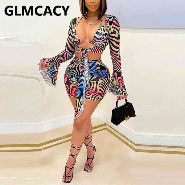 

summer bikini beachwear suits flare sleeve v neck crop & bodycon skirt set 210702, White