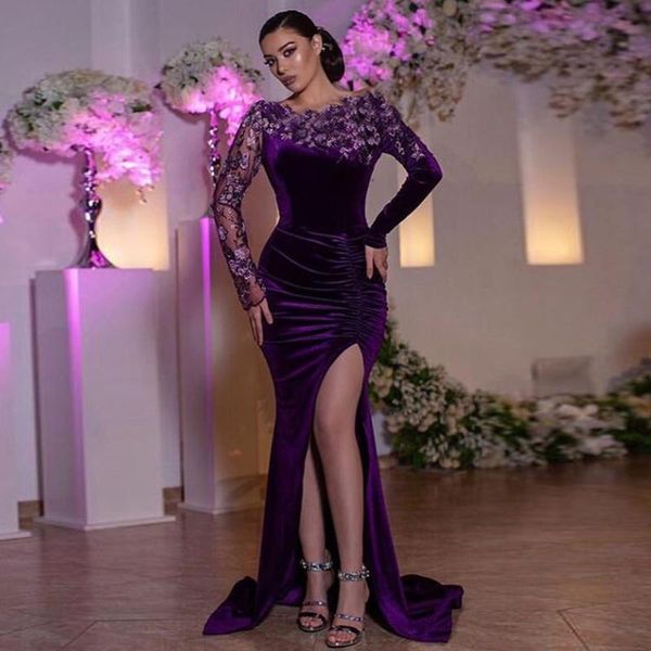 Affascinante abito da sera a maniche lunghe in velluto viola sexy con spacco laterale abiti da ballo a sirena per occasioni formali Robe de mari￩e su misura