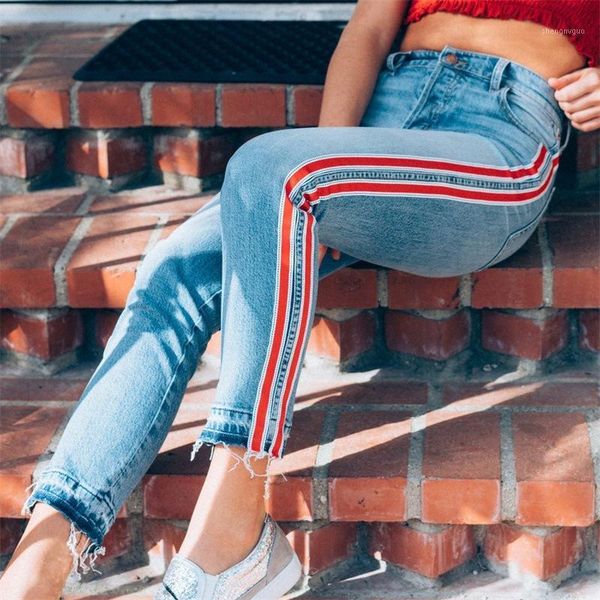 

women's jeans ankle-length high waist woman side striped patchwork skinny matched casual pants brief slim winter boot mz0837, Blue