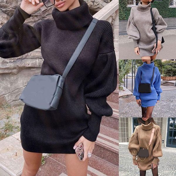 

casual dresses lantern sleeve pullover winter warm bodycon comfortable solid color turtleneck dress knit women sweater fashion jumpers, Black;gray