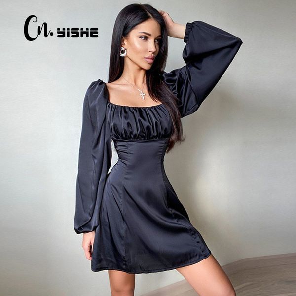 

cnyishe satin a-line dress women square collar female dresses streetwear long sleeve black women dress casual vestido robe 210419, Black;gray