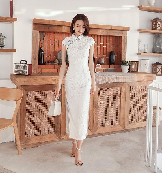 

ethnic clothing high split women cheongsam slim lace qipao short sleeve banquet dress female formal party elegant chinese s-3xl, Red
