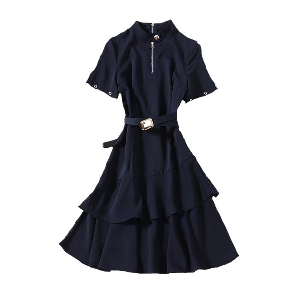 

runway dresses summer high-quality british style stand-up collar zipper decoration hem double stack ruffle dress e2y7, Black
