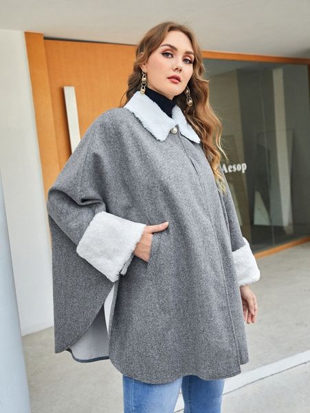 

plus fuzzy panel cape overcoat e5we#, Black