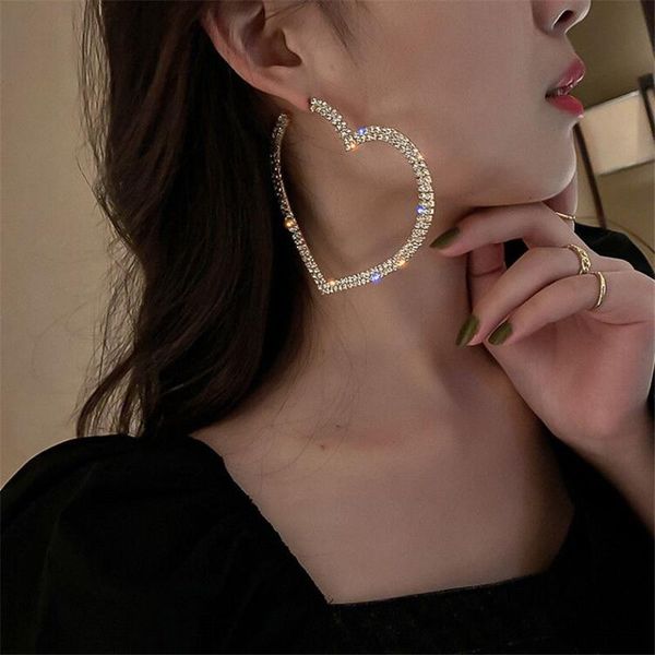 

hoop & huggie large 8x8.5cm love heart earrings shiny crystal jewelry for women valentine's day gifts hollow simple decoration, Golden;silver