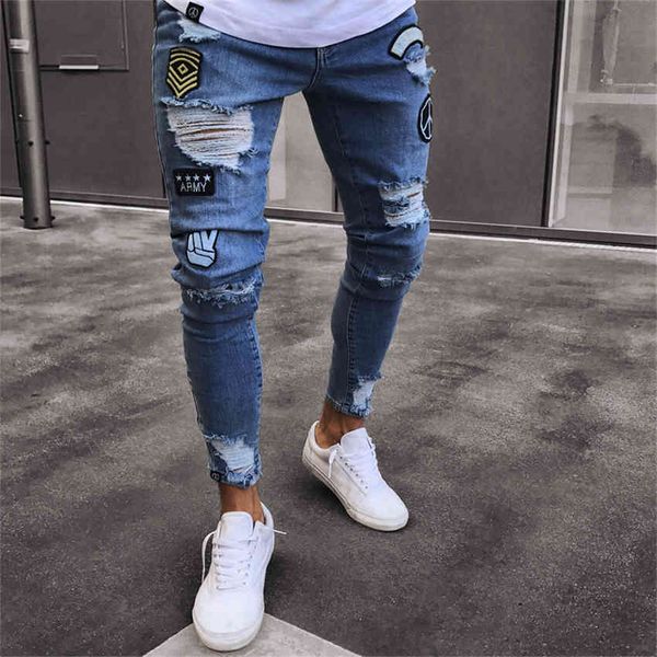 

men's jeans men stylish ripped pants biker skinny slim straight frayed denim trousers fashion streetwear moue, Blue
