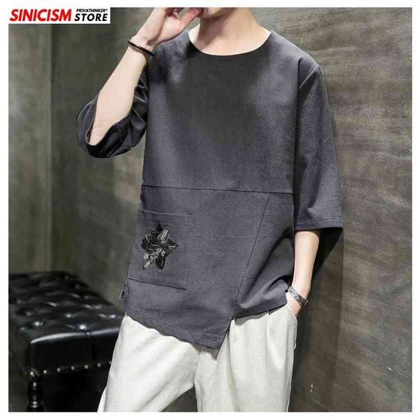 

factoryexuh quarter mrgoldenbowl store 2020 men cotton linen three o-neck shirt men's spring casual vintage t shirts male, White;black