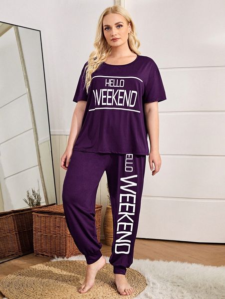 

plus slogan graphic pajama set t321#, Black;white