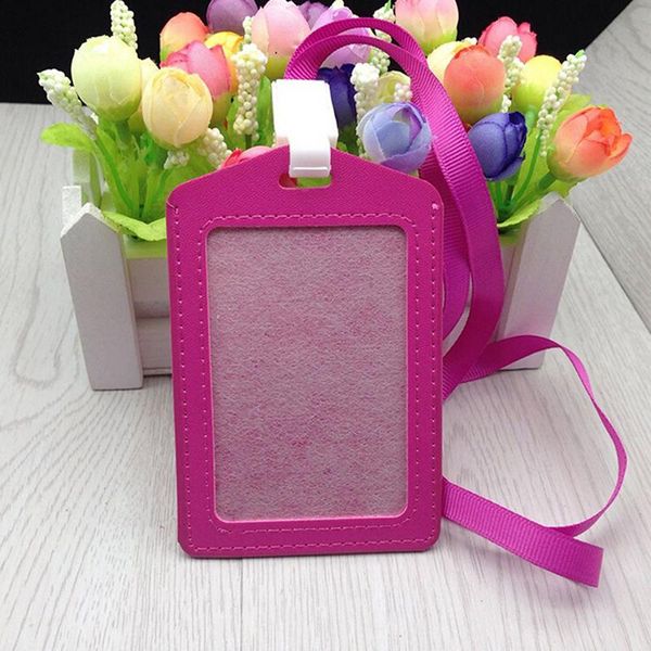 

card holders 1pcs pu bank neck strap bus id women men name identity badge with lanyard candy colors, Brown;gray