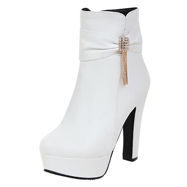 

boots winter high heel platform keep warm snow women mid-calf rhinestone bow low thick leather stiletto woman shoes, Black