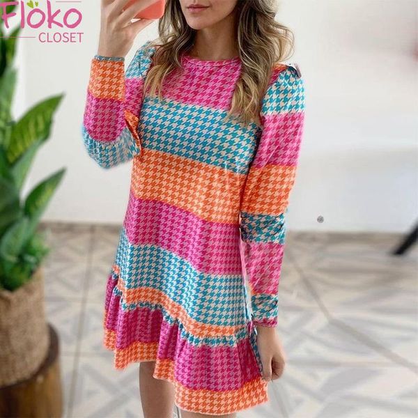 

casual dresses flokocloset stripe print ruffle long sleeve mini dress o-neck party boho a-line harajuku, Black;gray