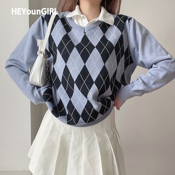 

heyoungirl white casual plaid argyle sweater ladies y2k preppy style vinage knit jumper women antumn winter pullover knitwear, White;black