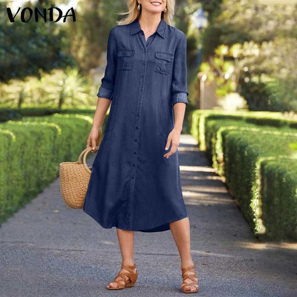 

women's blouses & shirts asymmetrical women long sleeve dresses vonda casual midi dress vintage sundress loose button demin vestid, White