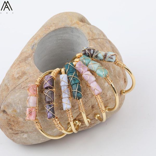 

charm bracelets gold color wire wrap pink opal nugget beads cuff bangles women natural stone open bangle jewelry n0496amab, Golden;silver