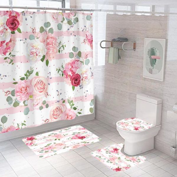 

shower curtains pink pastrol flower curtain with non slip rug mat bathroom waterproof polyester hooks gift