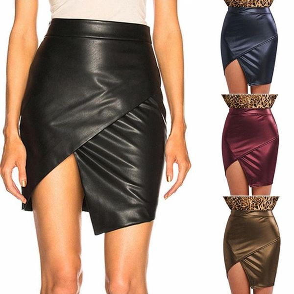 

leather fashion black cross split womens skirt a line short solid casual irregular female bodycon mini