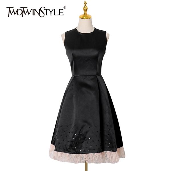 Черное платье без спинки для женщин о шеи без рукавов высокая талия пэчворки перья MIDI платья женская мода 210520