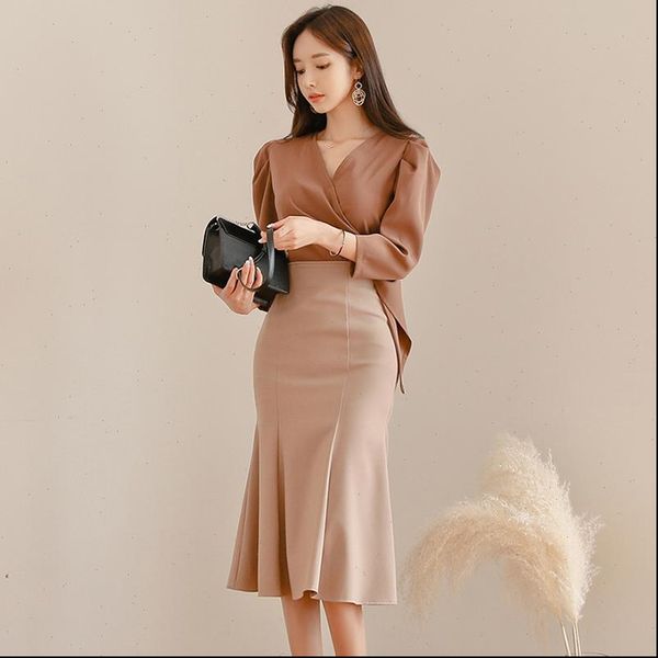 

office 2 pieces set womens tracksuits v neck blouses amp hip package mermaid skirt suits female autumn winter elegant women, Gray